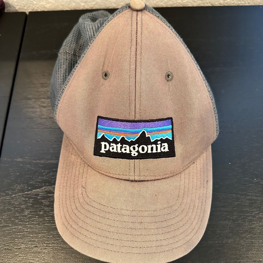 Patagonia Brown & Grey Mesh Trucker Hat Embroidered Logo Snap Back - EUC